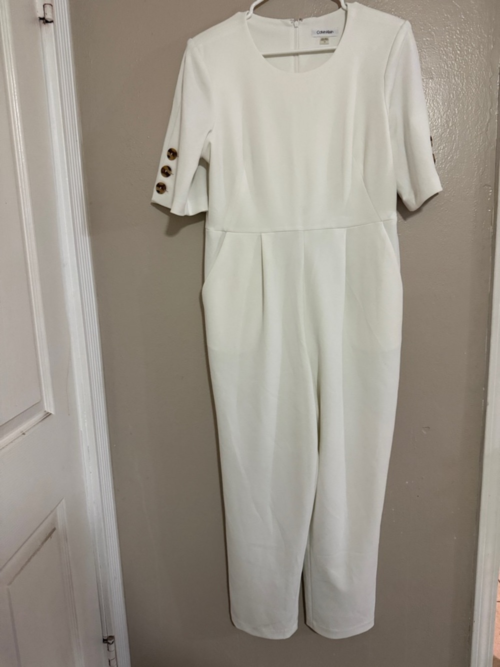 Calvin Klein Cream Short-Sleeve Tailored Jumpsuit